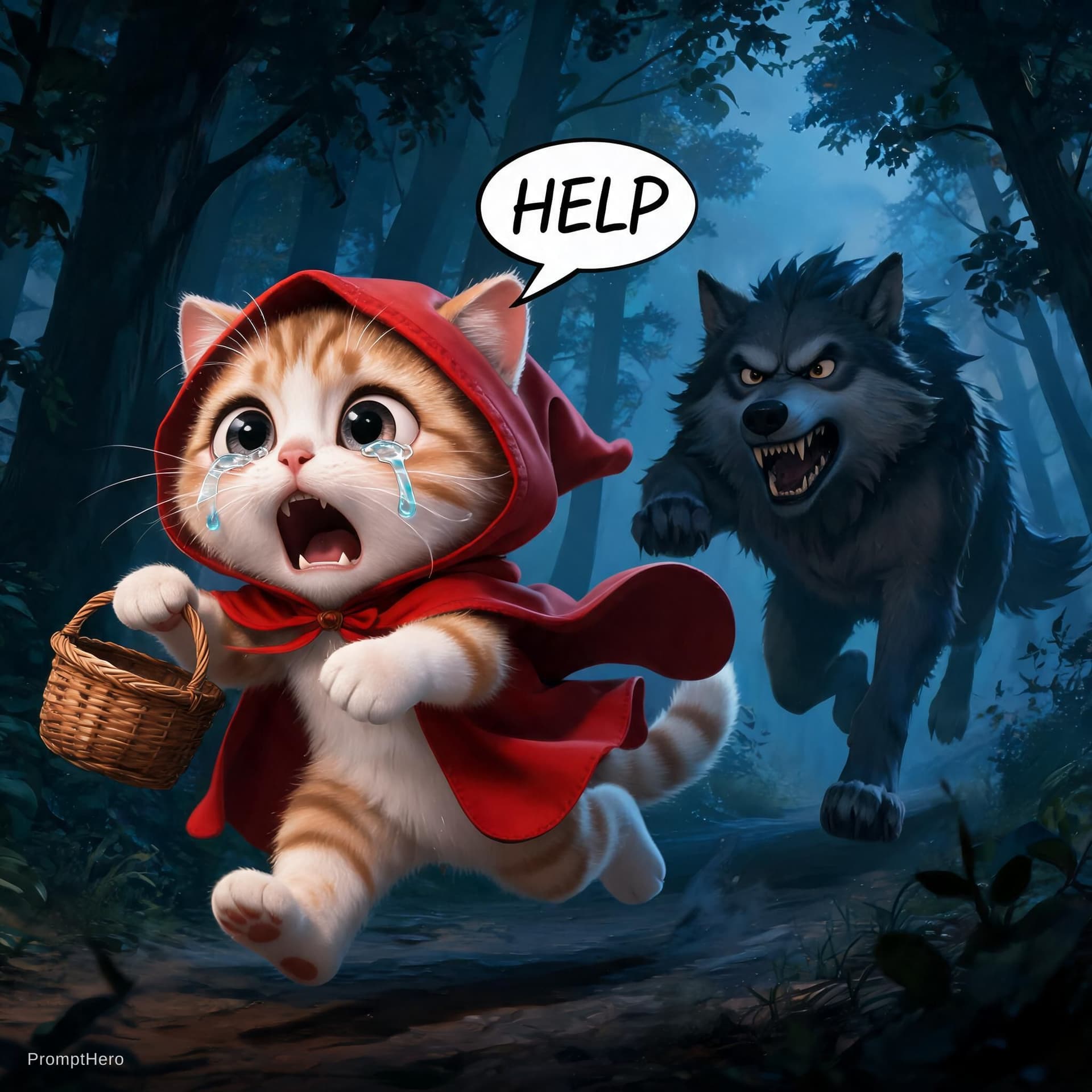AI generated: A hyperrealistic (((full-body anthropomorphic (((running))) super cute (((desperate))) cat))) with (...