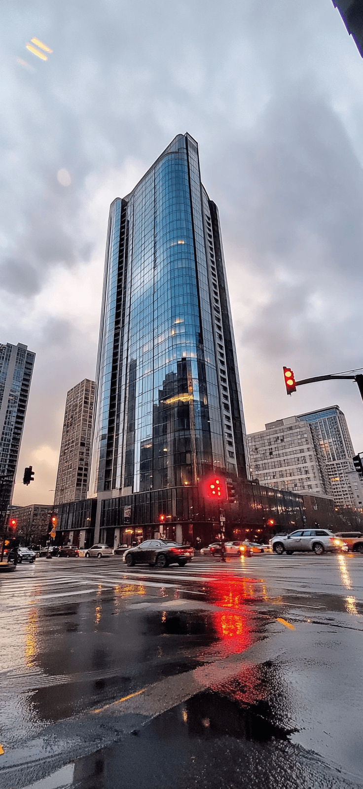 AI generated: wide angle,low angle.colorful sky,Real intersections, traffic lights, sports cars, rain soaked groun...