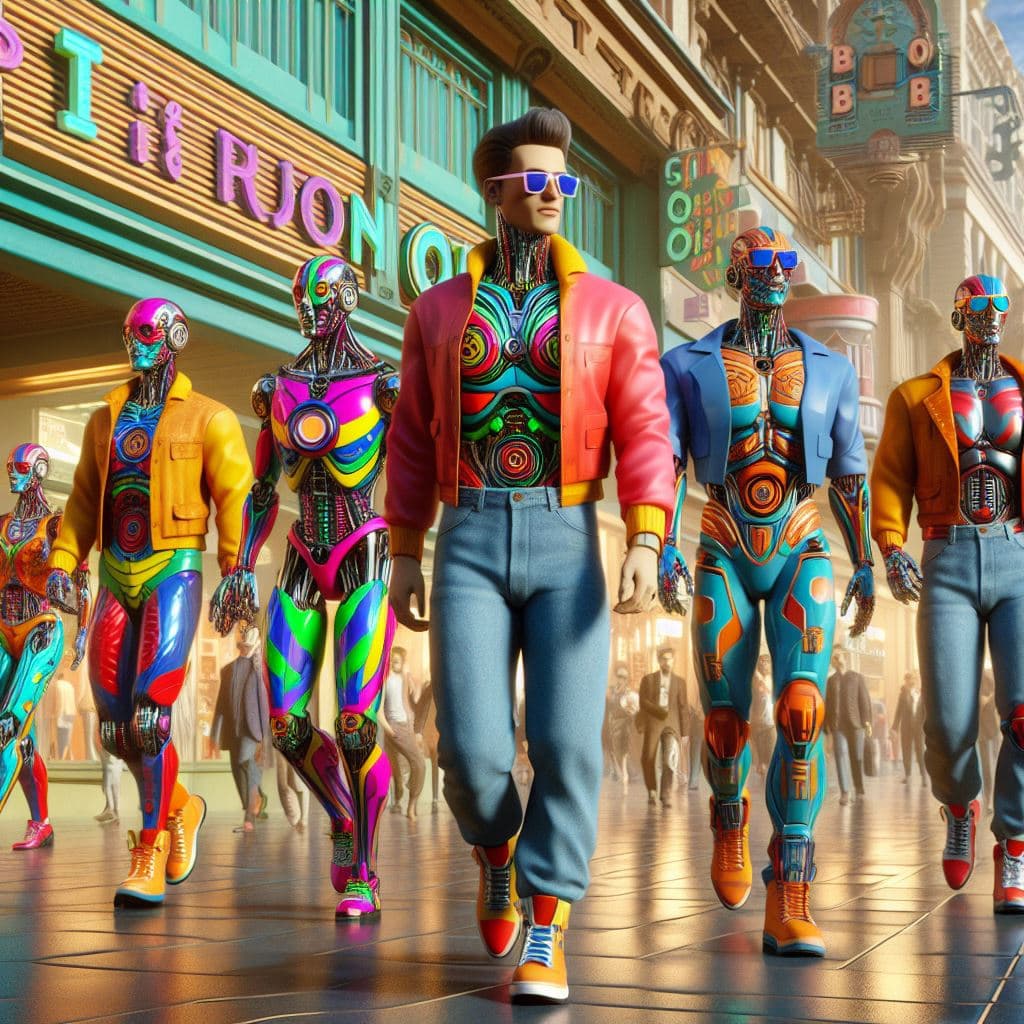 AI generated: Fantastic Retroscifi street scene, hybrid robot people in colorful futuristic outfits walk through a...