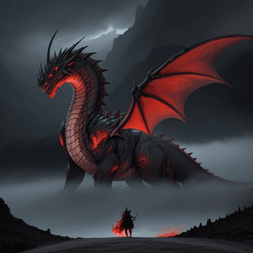 AI generated: epic landscape where a colossal dragon looms out of the stormy sky, with huge red flames comes up of...