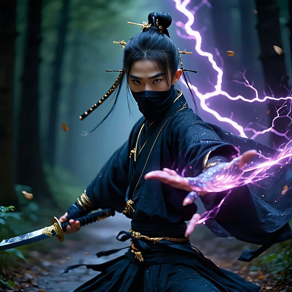 AI generated: A mischievous ninja in midnight black traditional Chinese attire, golden accessories, stealthy stanc...