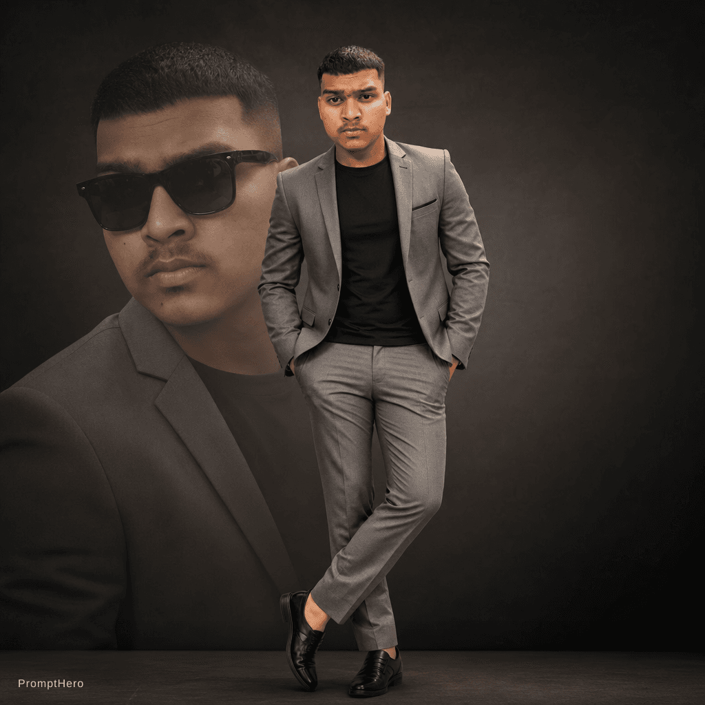 AI generated: "A stylish young man wearing a modern slim-fit grey suit with a black t-shirt inside, standing confi...