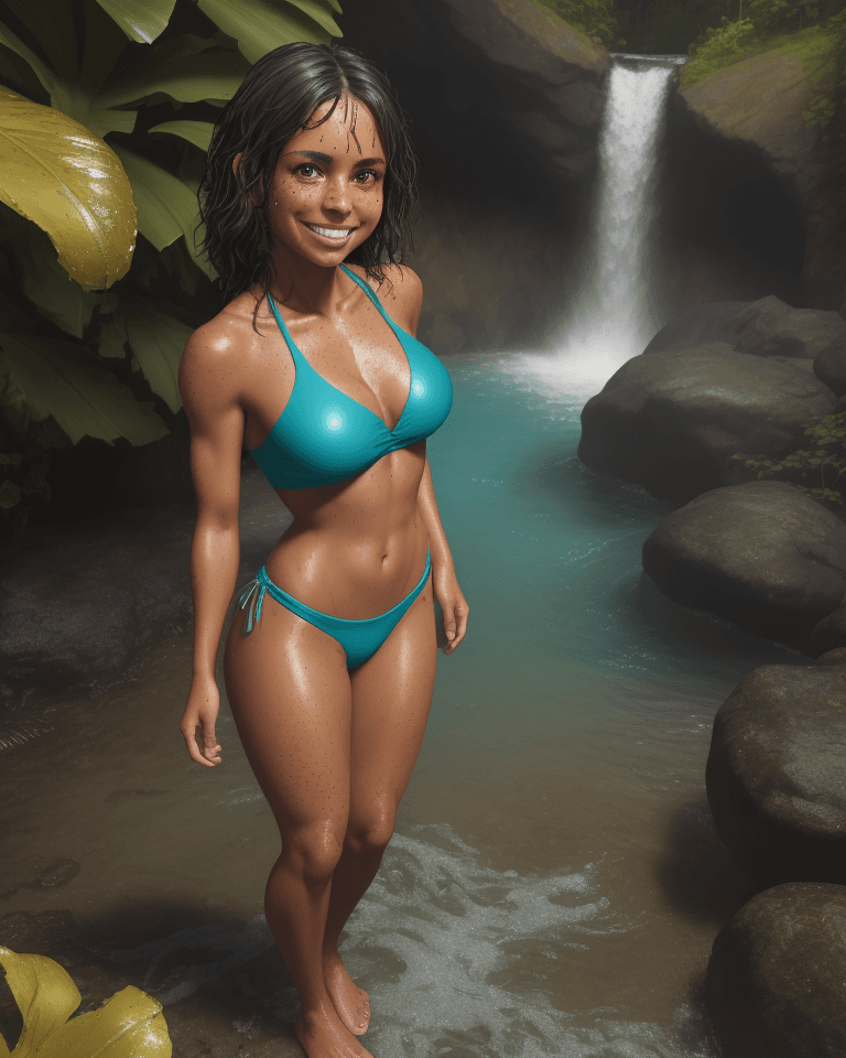AI generated: Full body, Latina, tan, toned body, soaking wet, dark hair with teal highlights, freckles, smiling, ...
