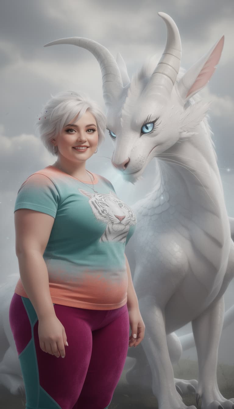 AI generated: A very beautiful chubby woman with a sweet, salty face and big, kind silver eyes, wearing a women's ...