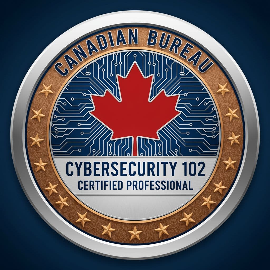 AI generated: Create a professional badge that signifies a qualification from a Canadian bureau, over cybersecurit...