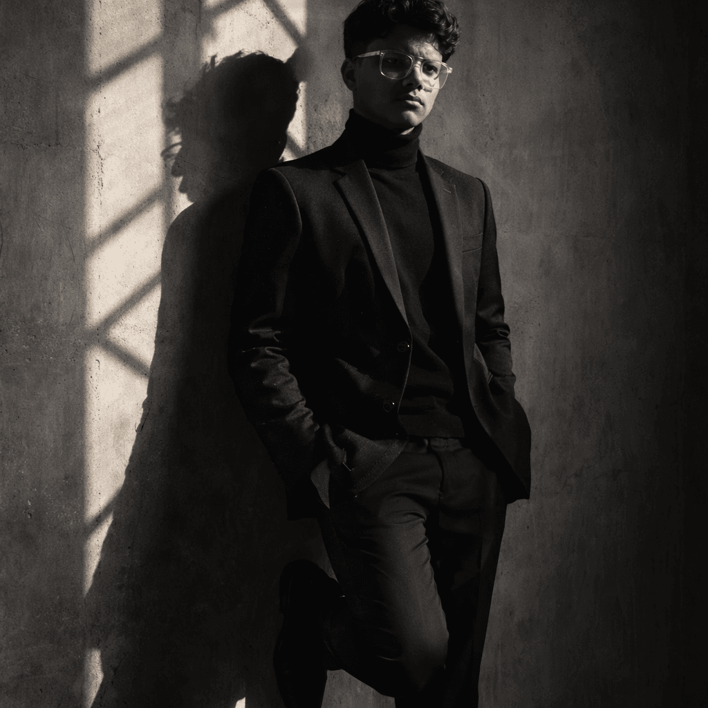 AI generated: this as A man in a tailored black
blazer and turtleneck stands against a
concrete wall. One foot u...