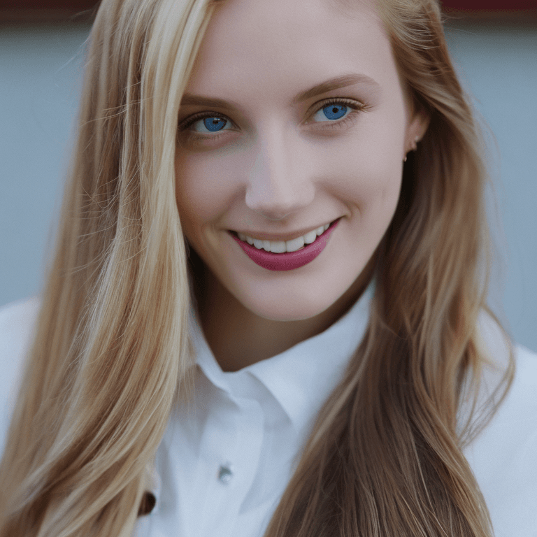 AI generated: A portrait of a young 18 year woman with long blonde hair, in white shirt and red tie smiling at cam...
