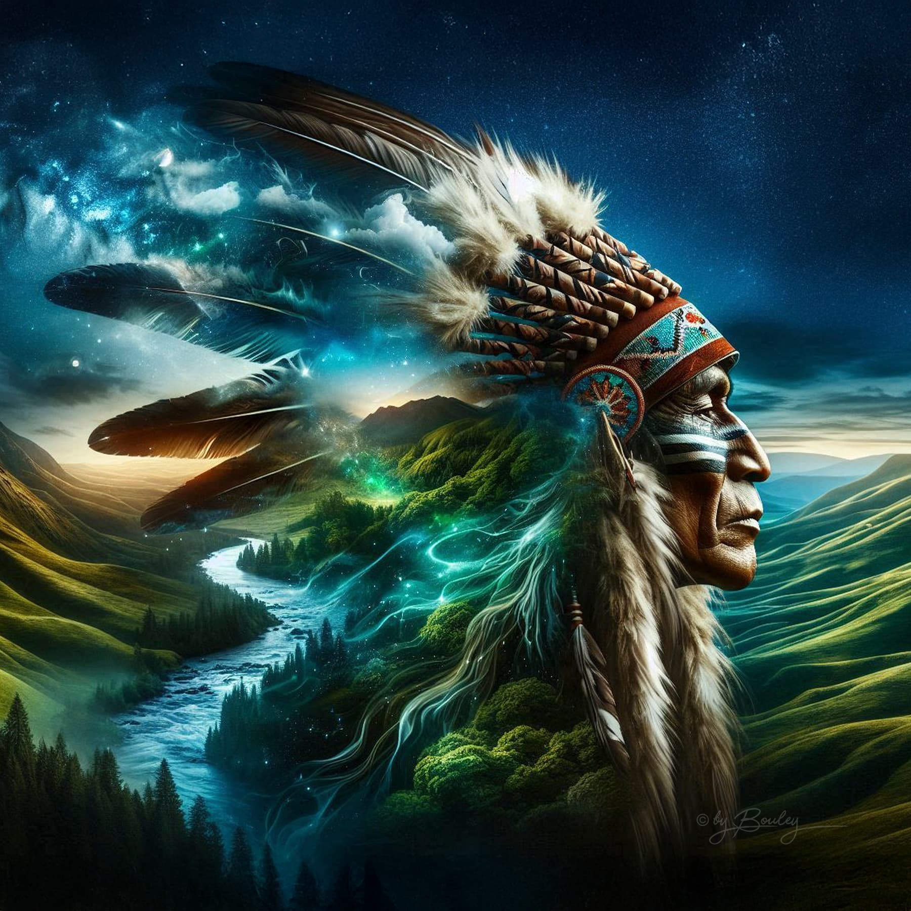 AI generated: a Native American chief in profile, seamlessly blending into a breathtaking landscape. His face, ado...