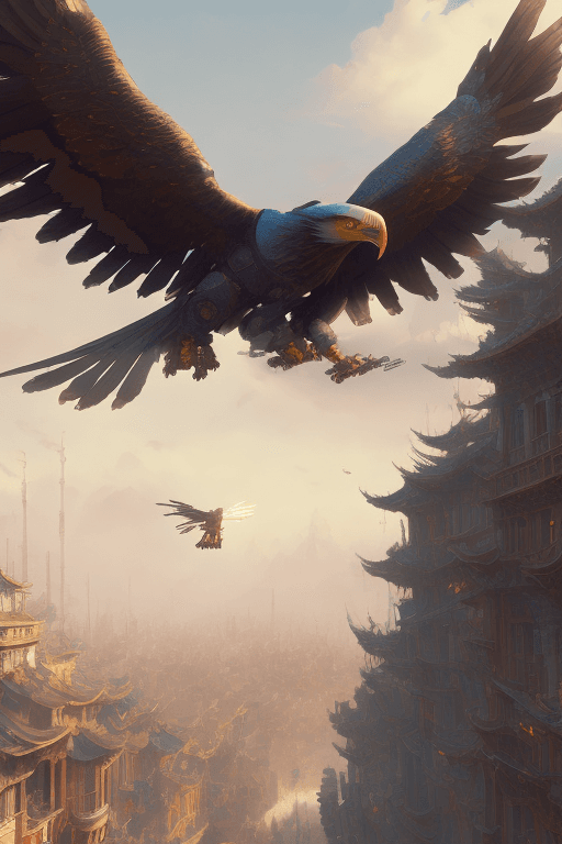 AI generated: robot eagle flying up on the victorian city, extremely detailed digital painting, in the style of fe...
