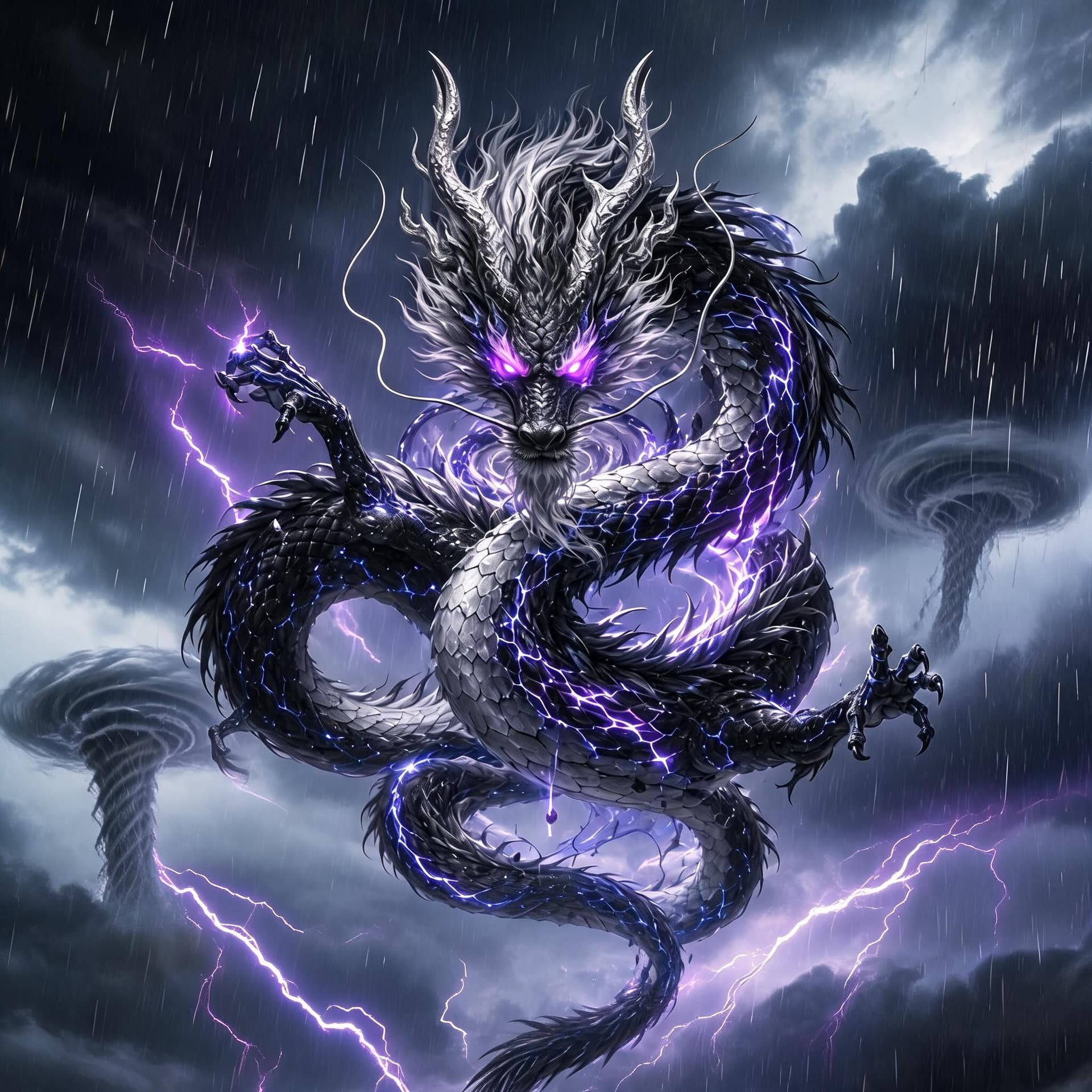 AI generated: a Japanese style dragon that controles storm like Lightning, Dark Clouds, Tornados, and trentals rai...