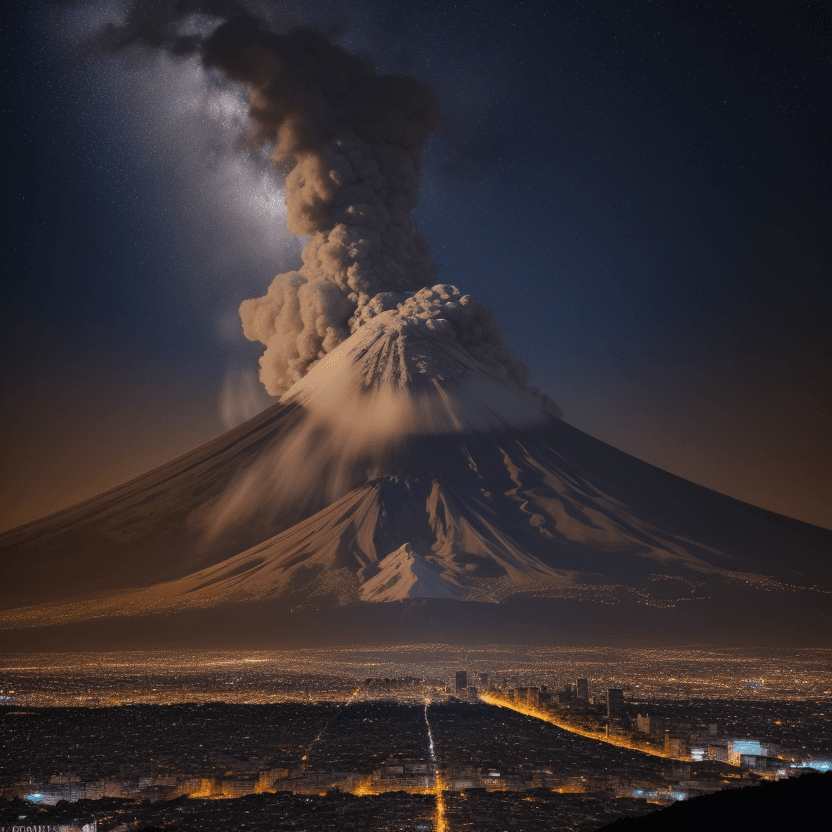 AI generated: foto de noche de la ciudad con el volcán popocatépetl