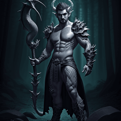 AI generated: A dark short hair male necromancer with scales, a staff, highly detailed, DND, Dragon summoner, drag...