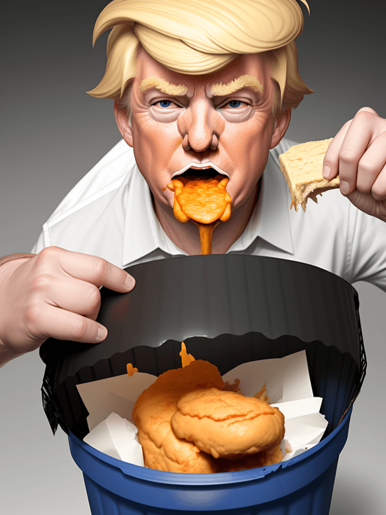 AI generated: Generate a photorealistic of donald trump eating from the trash