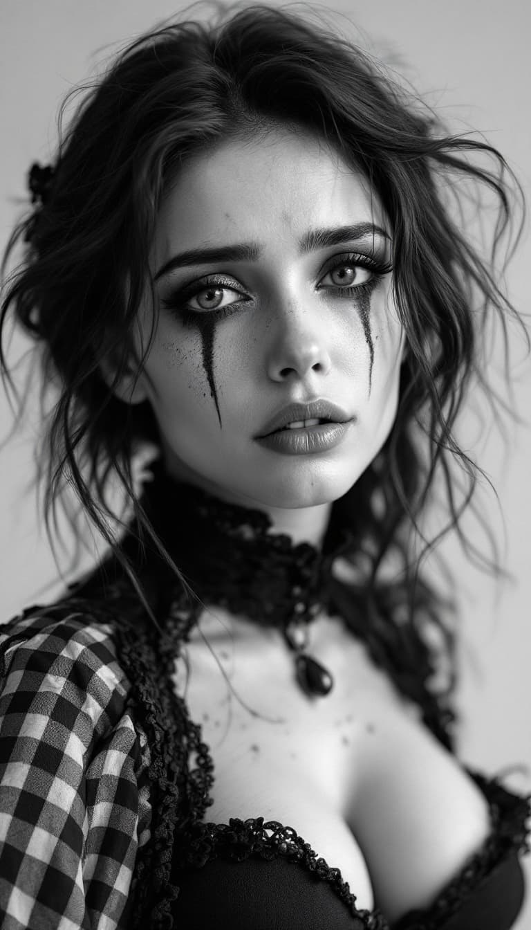 AI generated: Vilma costume xl breast, woman with pure innocent gaze, pale face, little sad, expressive style, b&w...