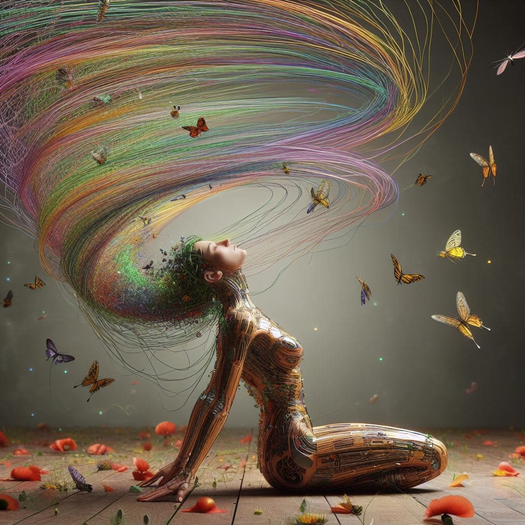 AI generated: Female model wearing a exoskeleton. Hair and exoskeleton are made of very thin multicolor metal stri...