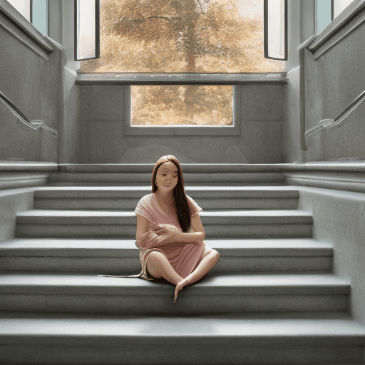AI generated: A very pretty lady sitting on a set of stairs with a baby dragon beside her, hyperrealism, photoreal...