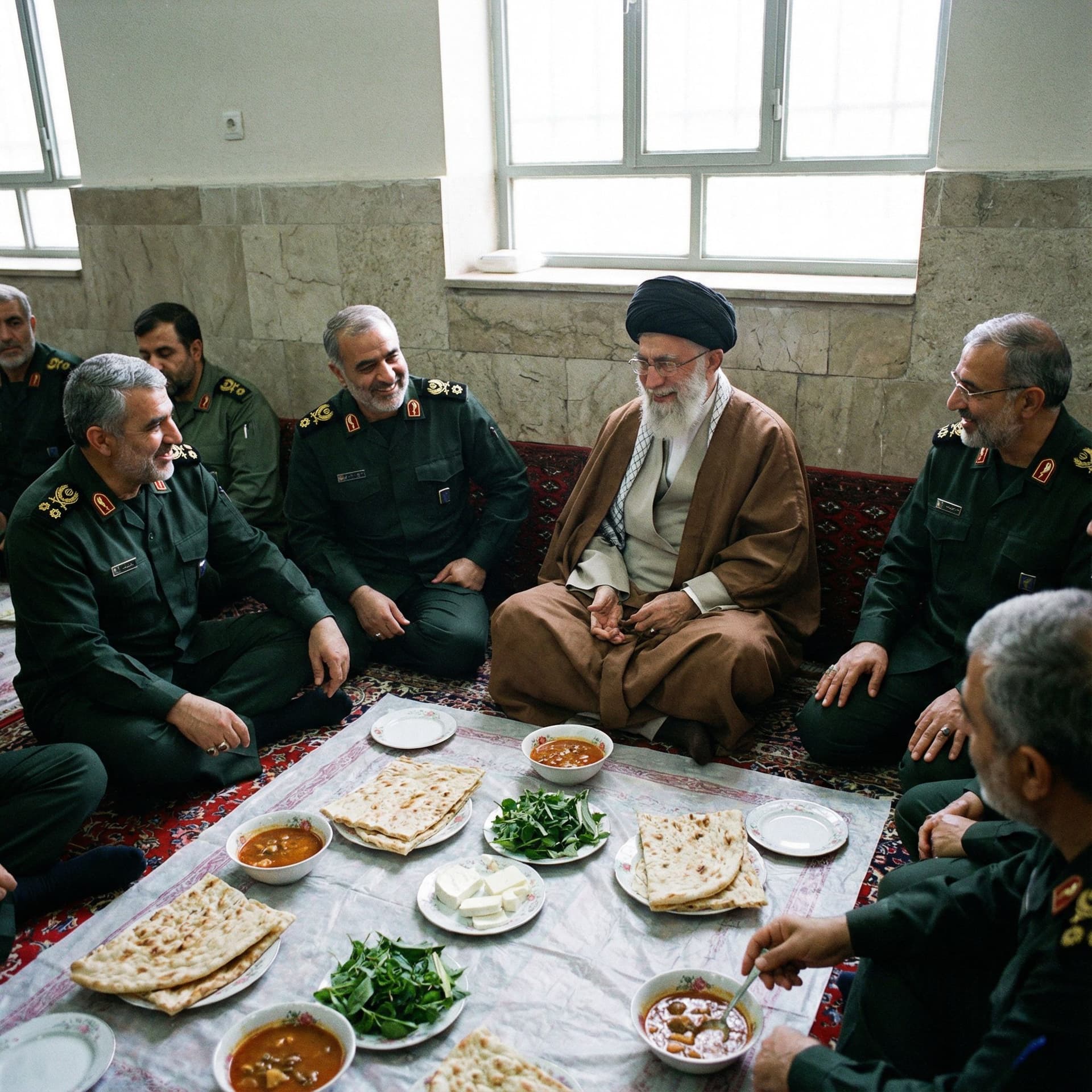 AI generated: خامنه ای در حال خوردن غذای ساده با فرماندهان