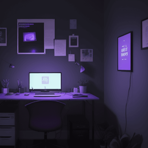 AI generated: Photo of a minimalist desktop that divides the image horizontally. Above it, a dimly lit lamp, a spe...