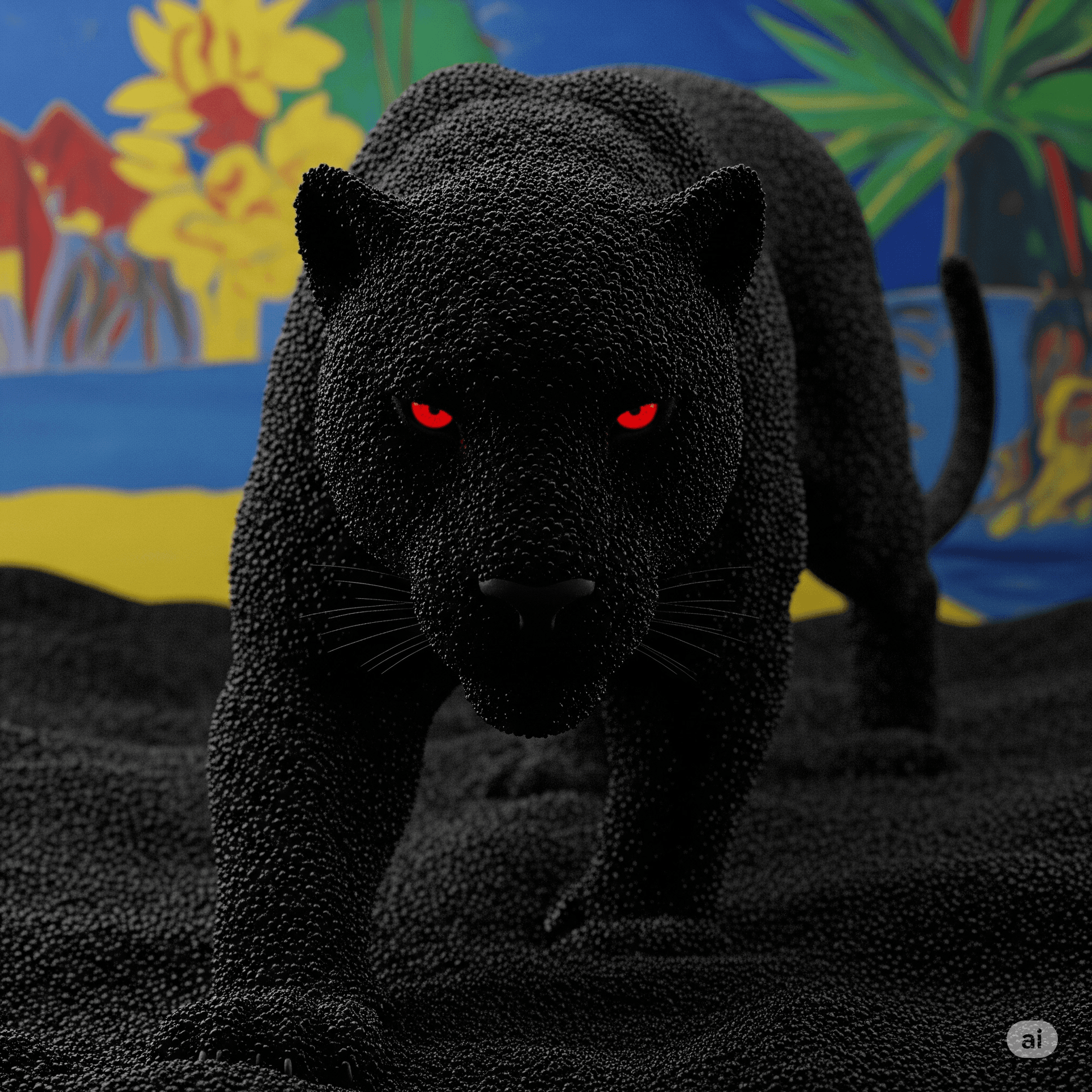 AI generated: panther made out of obsidian sand, colorful gauguin like surrounding and red eyes, aim for contrast