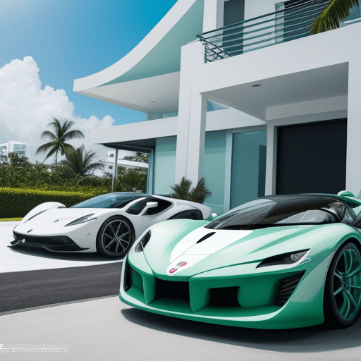 AI generated: luigi colani design hyper car in front of a modern bungalow in Miami Beach