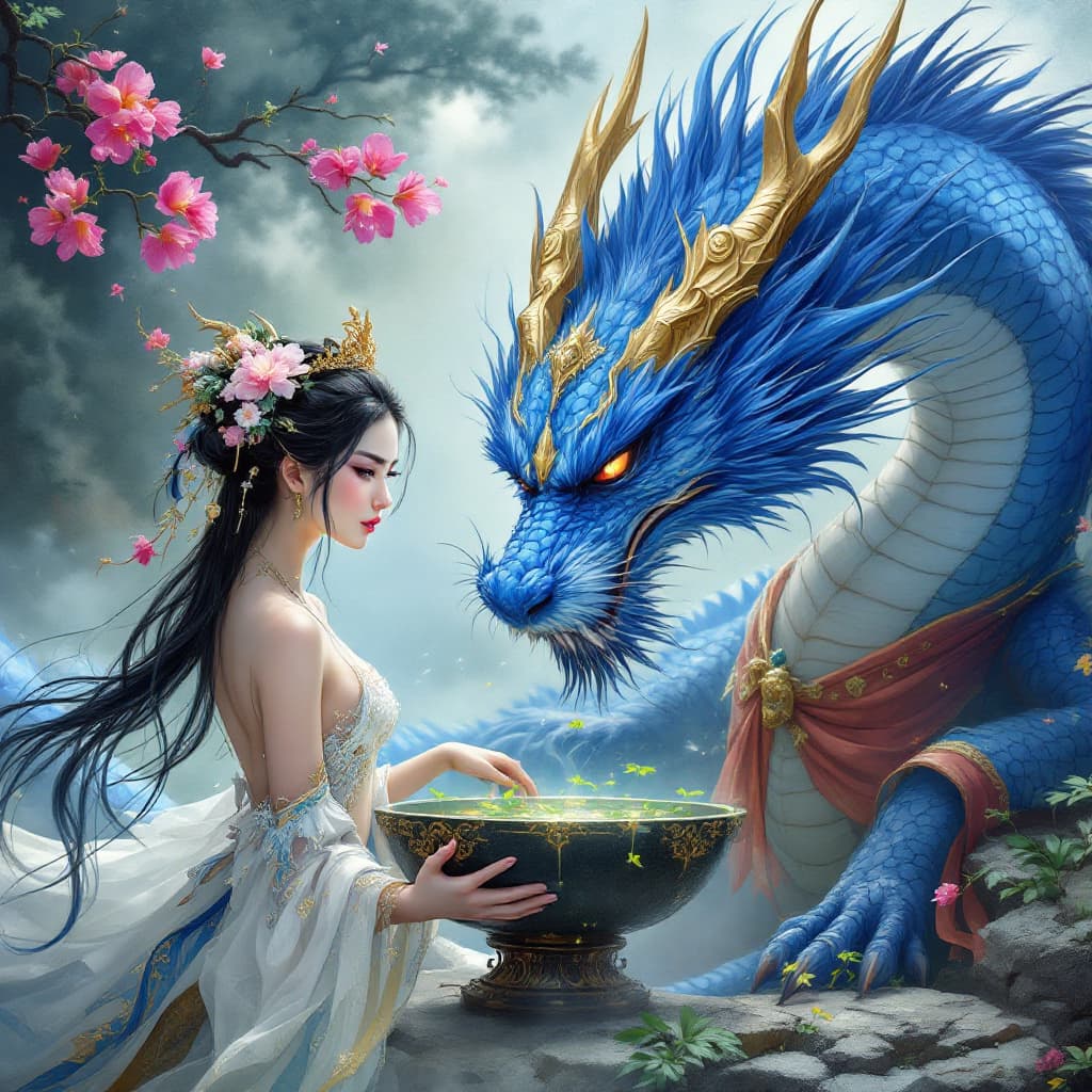 AI generated: Chinese fairy, Chinese woman and iris blue dragon, Chinese dragon pan glaring angrily at Chinese man