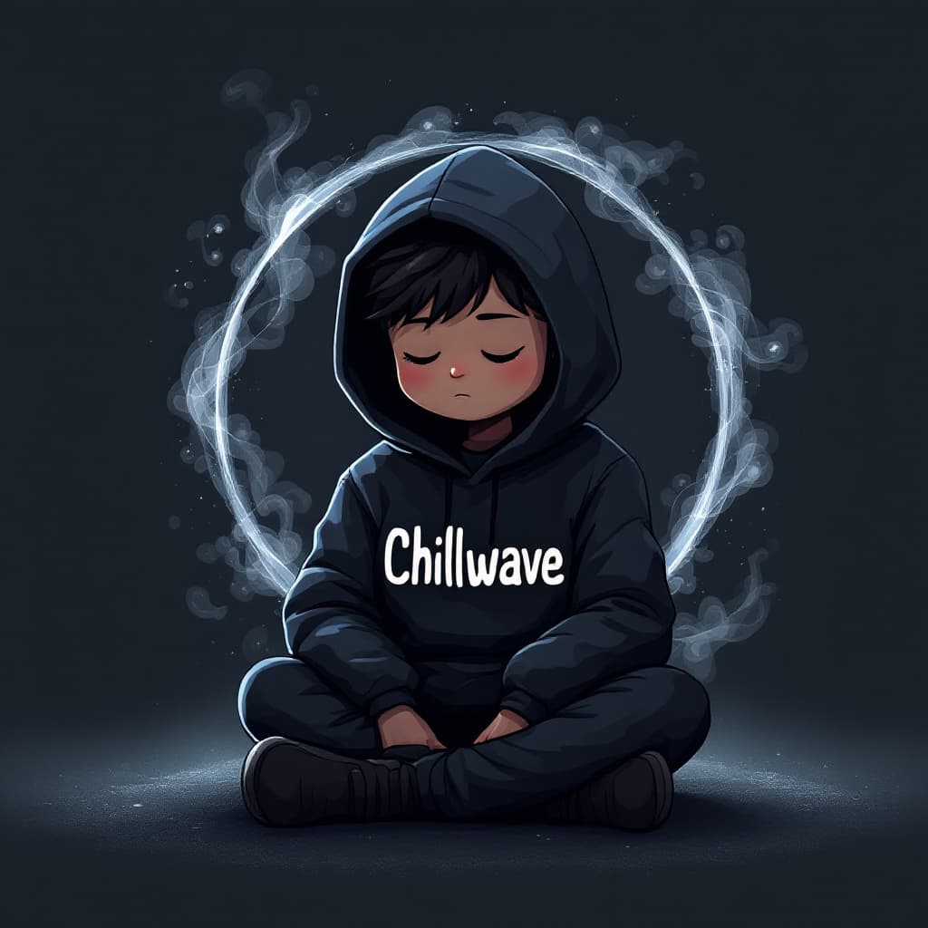 AI generated: A calm cartoon boy in a hoodie with the word “Chillwave”, sitting in a hoodie, vape smoke forming ci...