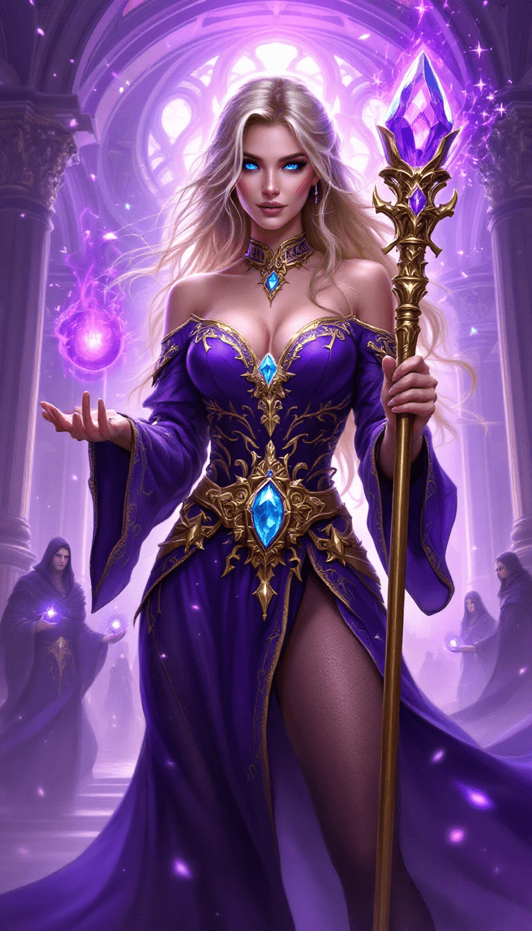 AI generated: A dynamic fantasy illustration depicting a powerful female mage in an opulent, magical setting. The ...