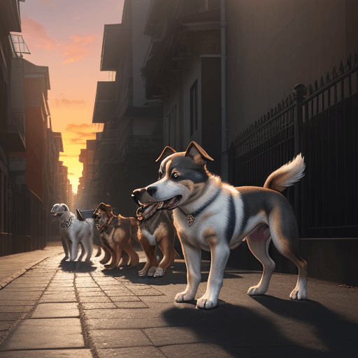 AI generated: Photo of 10 ultra realistic dogs hidden in a street, dramatic light, pale sunrise, cinematic lightin...