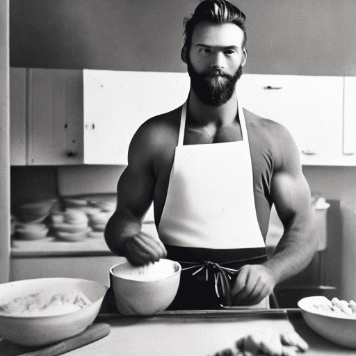 AI generated: A raw photograph of a dark blond, 23-year-old muscular man with a beard in a kitchen setting, lookin...