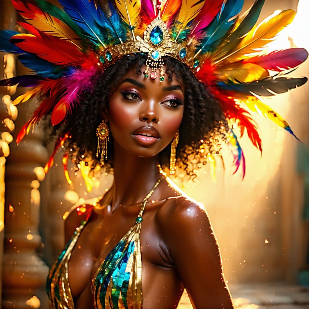 AI generated: A radiant woman, adorned with a lavish crown of vibrant, colorful feathers accented with gold and ge...