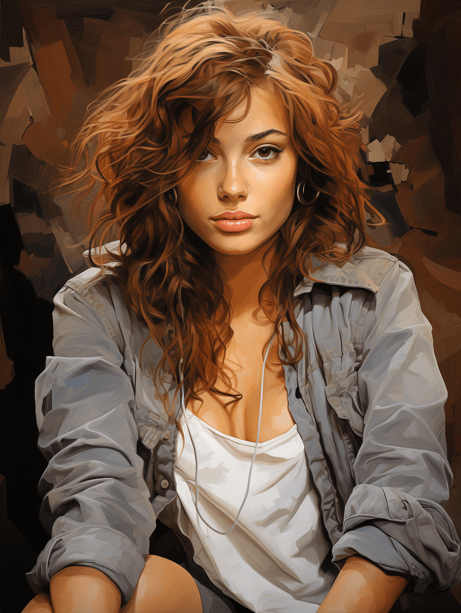AI generated: a beautiful young woman in denim shorts by robert laine, in the style of celebrity image mashups, ka...