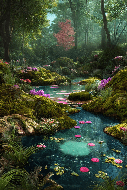 AI generated: Forest flower crystals::4 emitting glitter garden landscape with pool of clear water and „black gold...