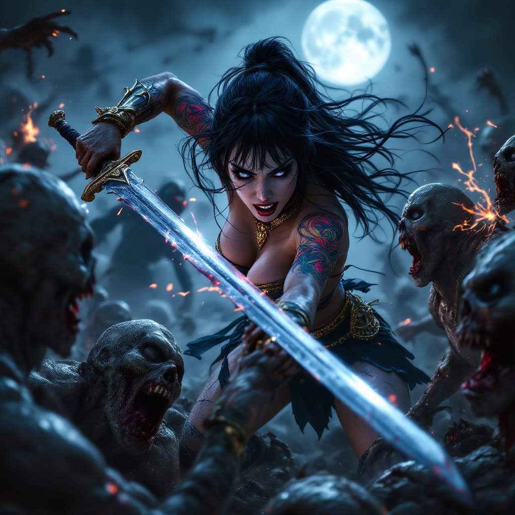 AI generated: Hyper realistic, photo realism, zoomed out HD Photo of beautiful, sultry Amazon Vampire Princess in ...