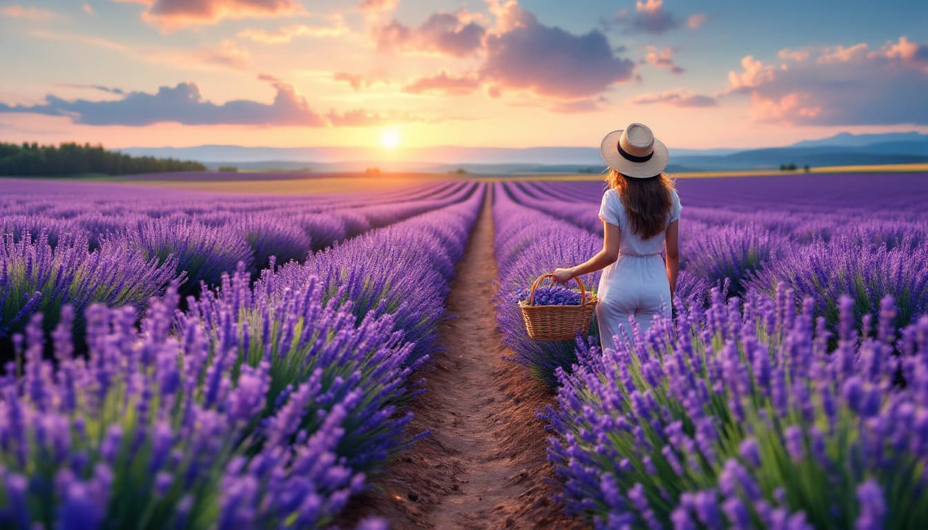 AI generated: A serene lavender field stretches across the canvas, with vibrant rows of purple flowers swaying gen...