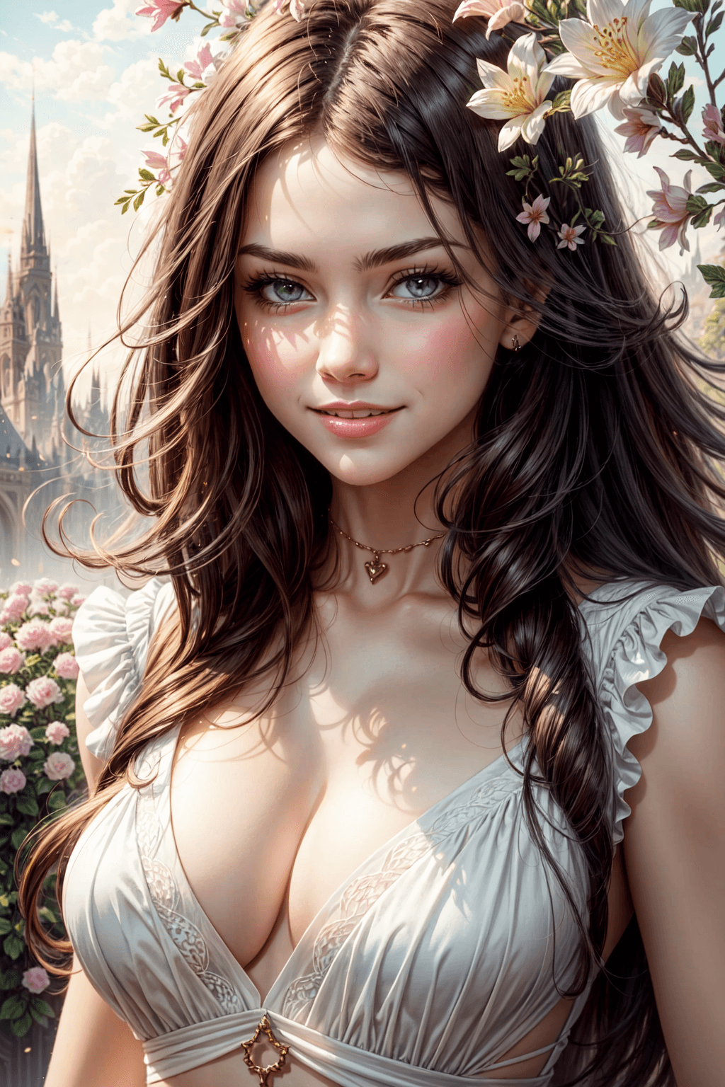 AI generated: Beautiful Woman with a smile appears from colorful flowers, cinematic lighting, photo realistic, by ...
