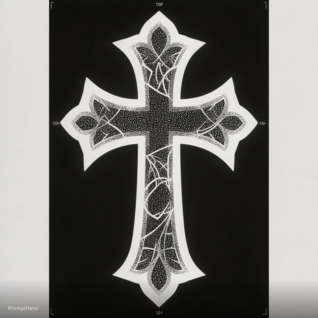 AI generated: tattoo design sheet, gothic cross, central composition, stipple style, clean black, stencil gaps, op...