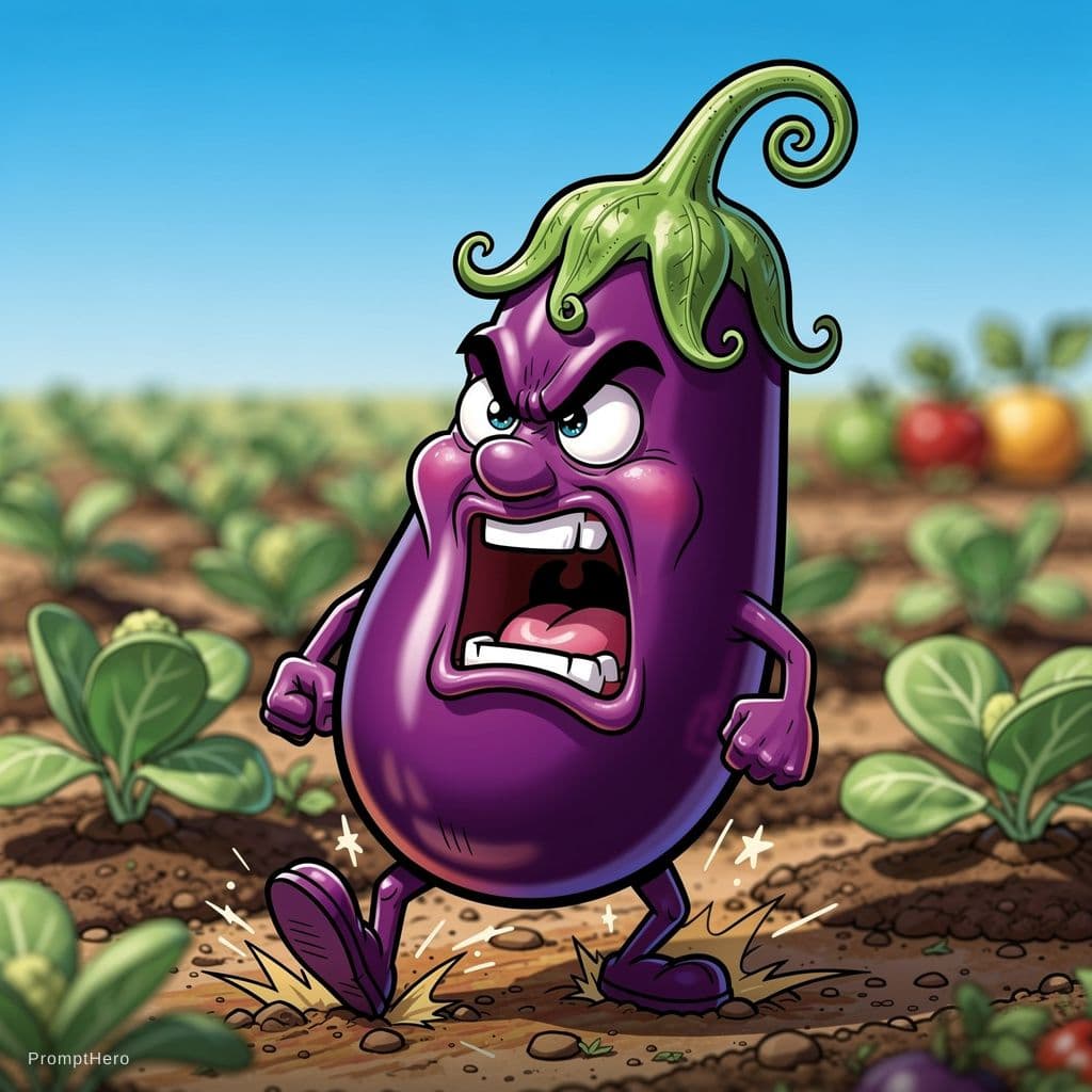 AI generated: funny caricature, angry eggplant caricature, animated eggplant, ageless, with deep purple skin, furr...
