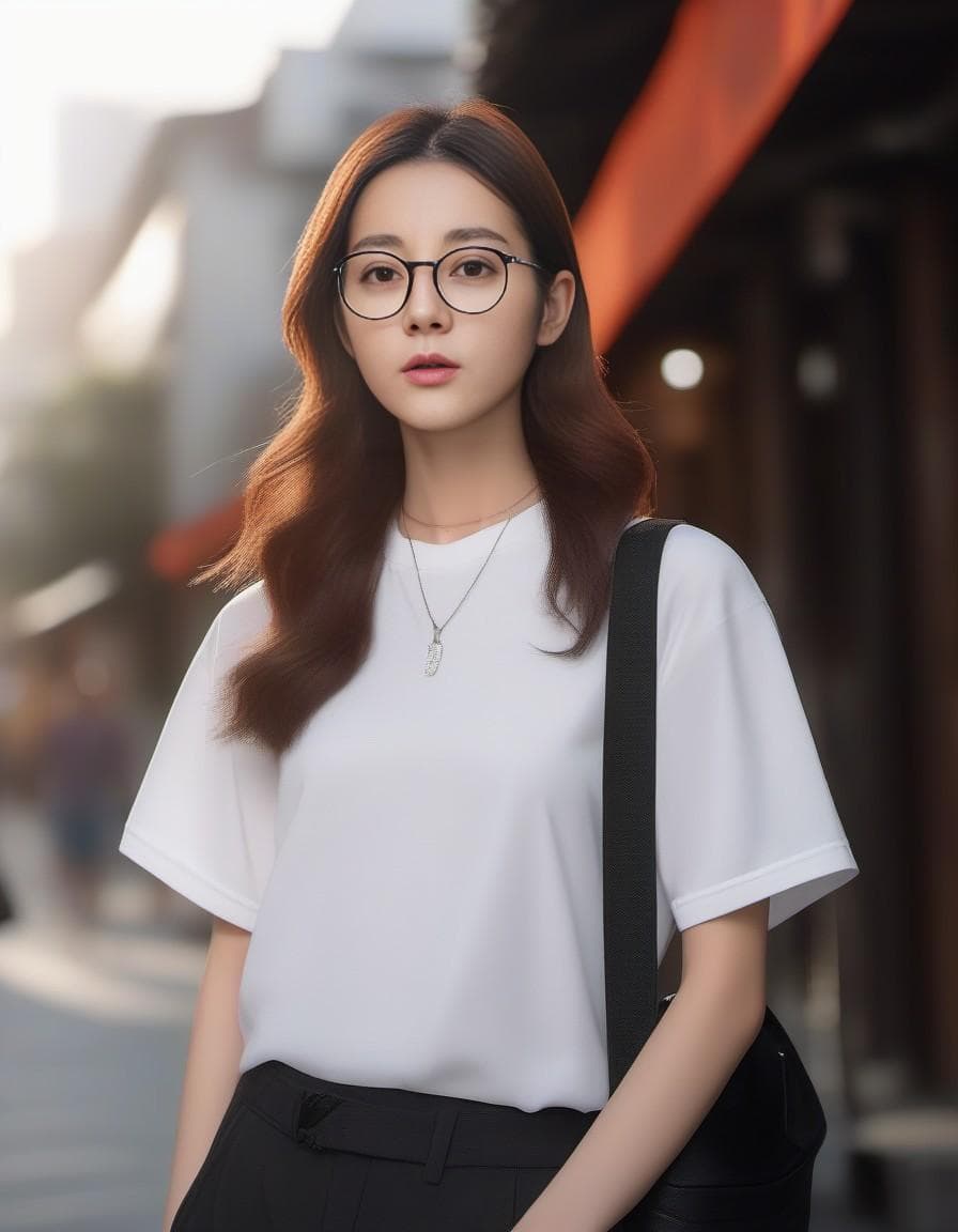 AI generated: photography, side view, upper-body, portray an innocent professional korean woman model standing aga...