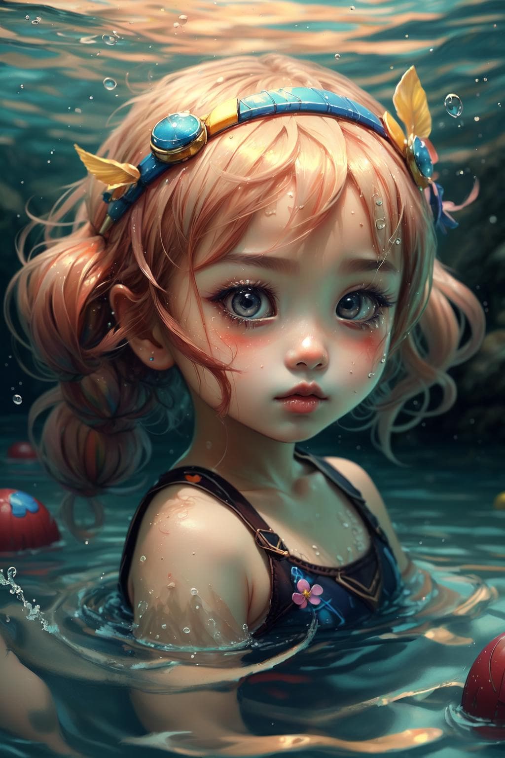 AI generated: swimming,Chibi,real,art, 
yang08k, photography, beautiful,  colorful,realistic,
masterpieces, top ...