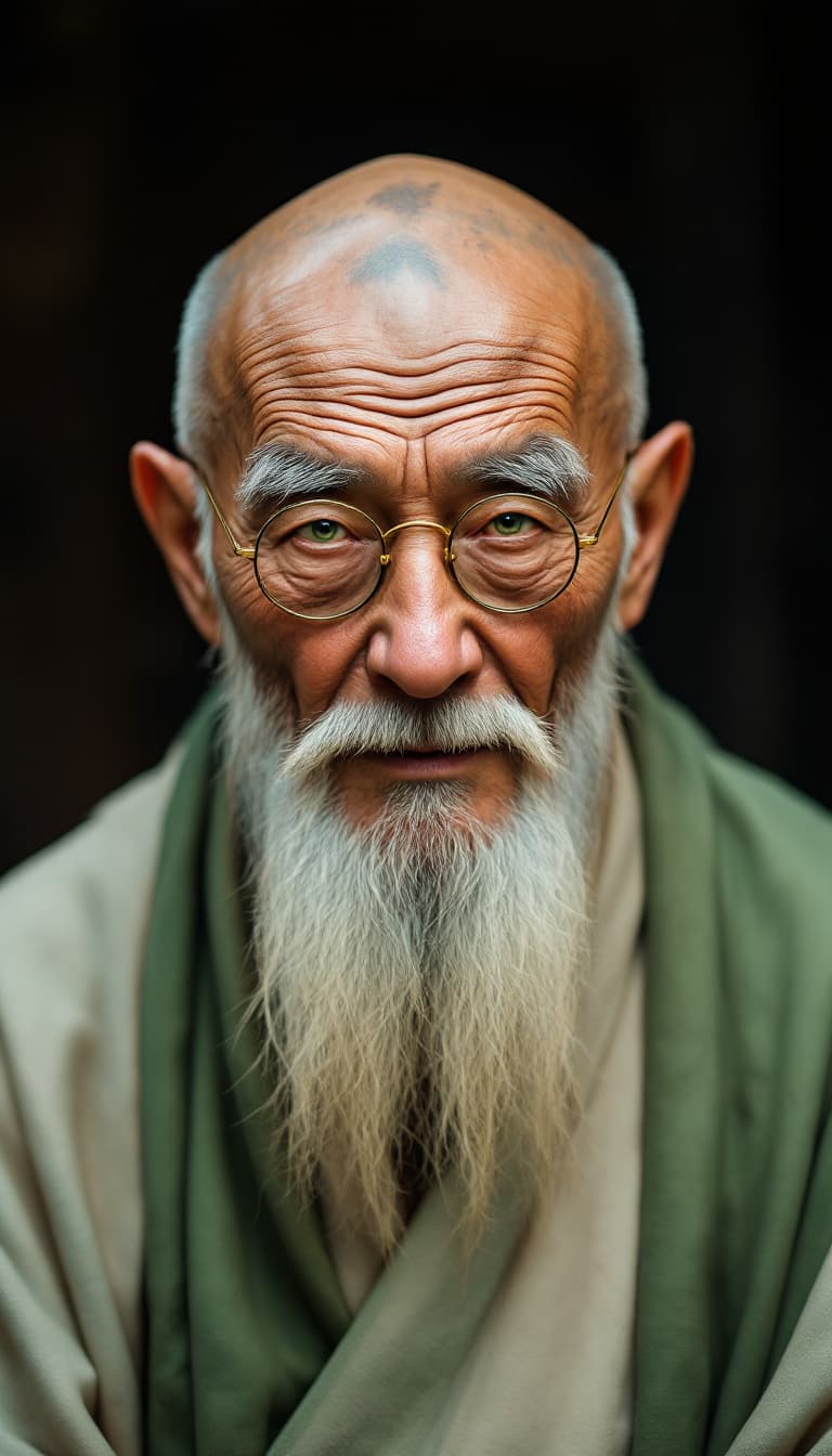 AI generated: Ancient Chinese sage well over 100 years old; wearing simple cream-colored monk robes with jade-gree...