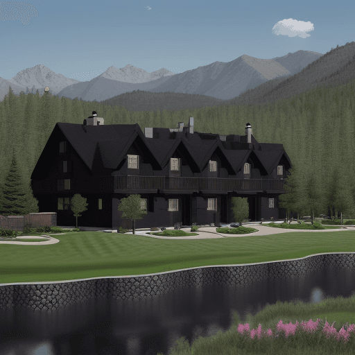 AI generated: create a country club with univeness on the terrain, sierra terrain, wood and black lock houses, wit...