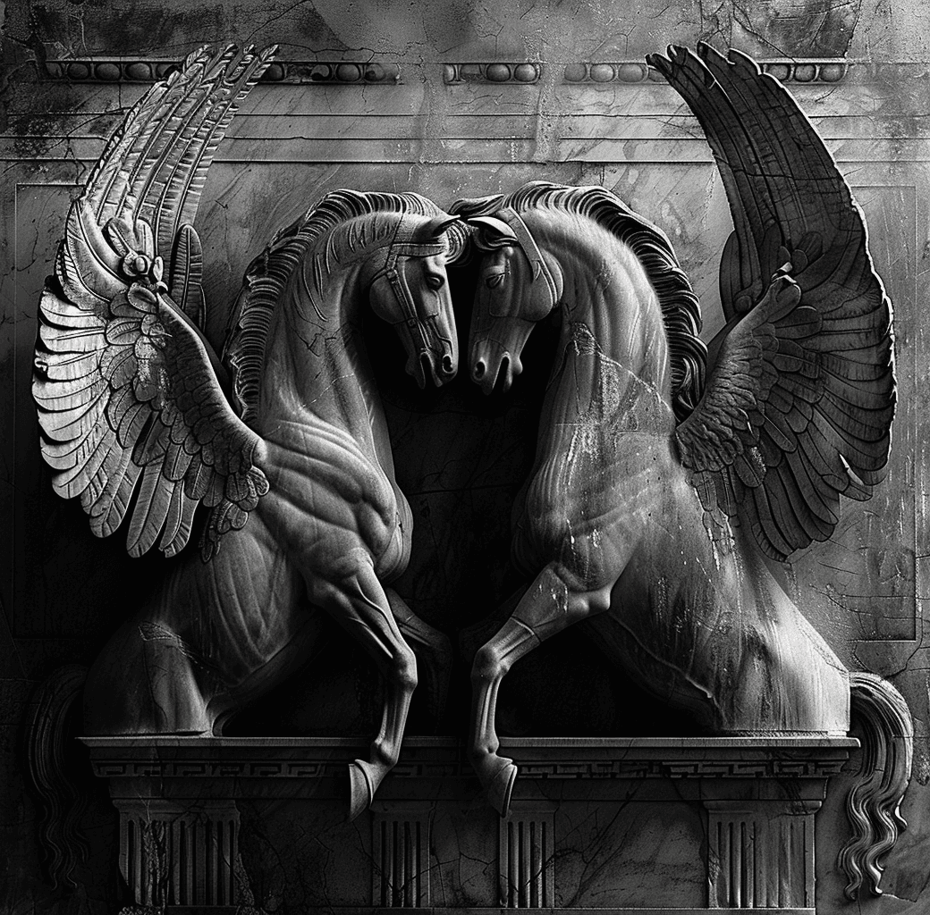 AI generated: A black and white photograph of an ancient Greek sculpture depicting two horses with wings, designed...