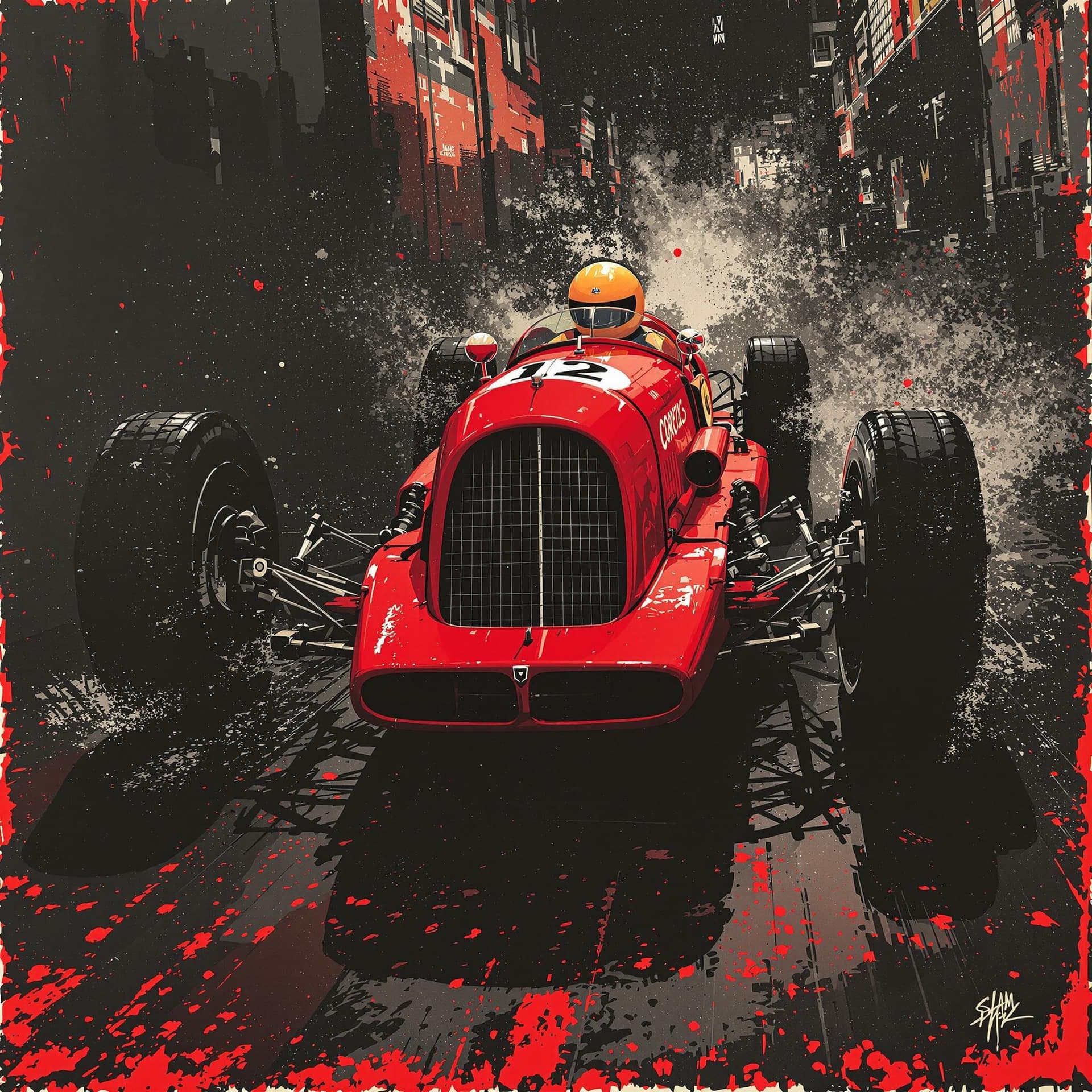 AI generated: red race car, in the style of sam spratt, historical illustrations, old masters, genndy tartakovsky,...