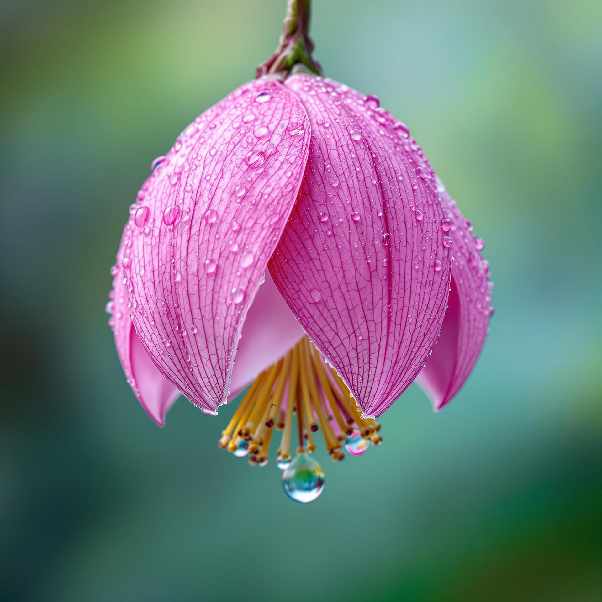 AI generated: Create a highly detailed and ultra-realistic close-up image of a pink lotus bud hanging downwards, c...