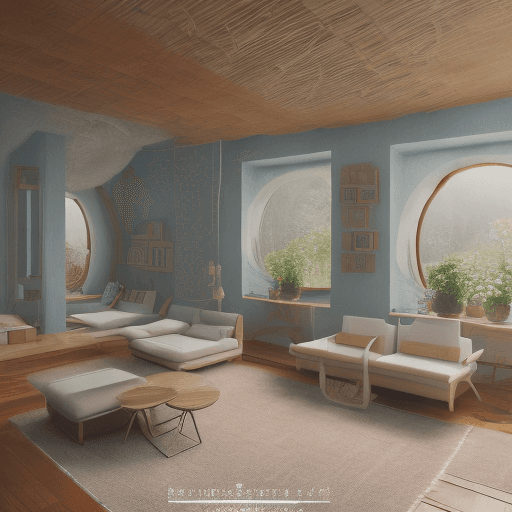 AI generated: High resolution photography interior design, dreamy sunken living room conversation pit, wooden floo...
