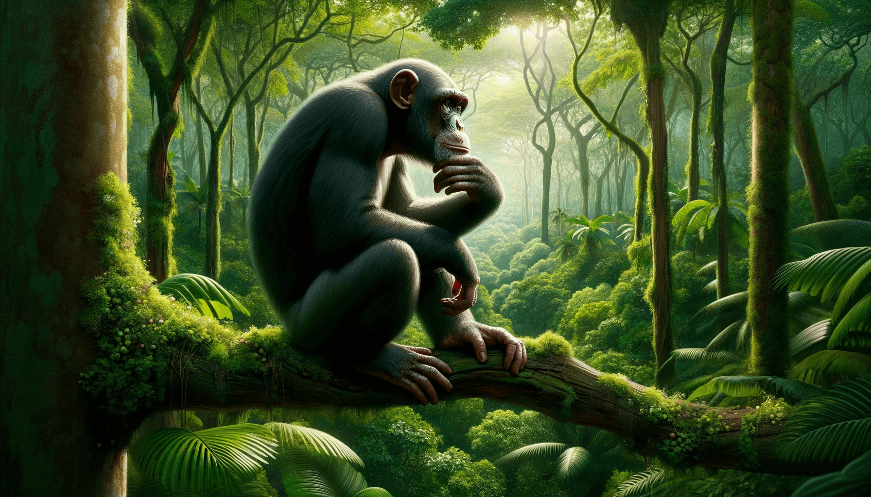 AI generated: Hyperrealistic, color illustration of a chimpanzee deep in thought, perched on a tree branch, surrou...
