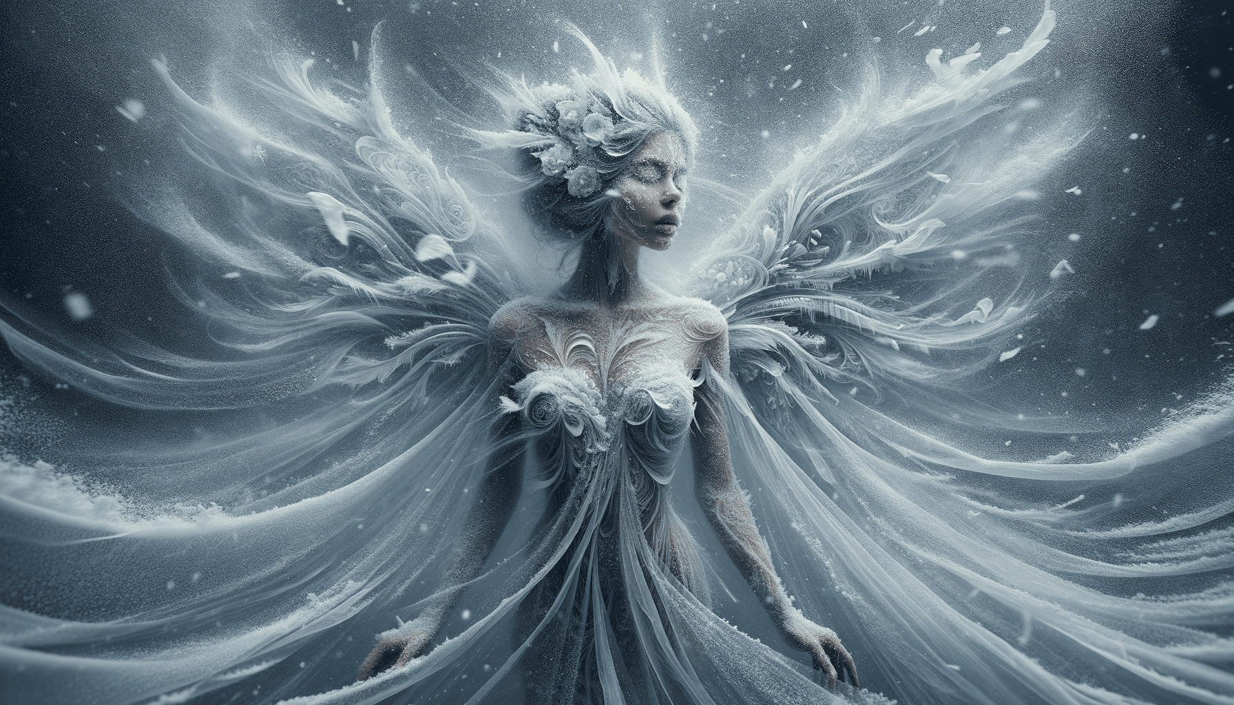 AI generated: medium side shot profile portrait photo of a snow fairy queen, looking away, fantasy, glowing hypnot...