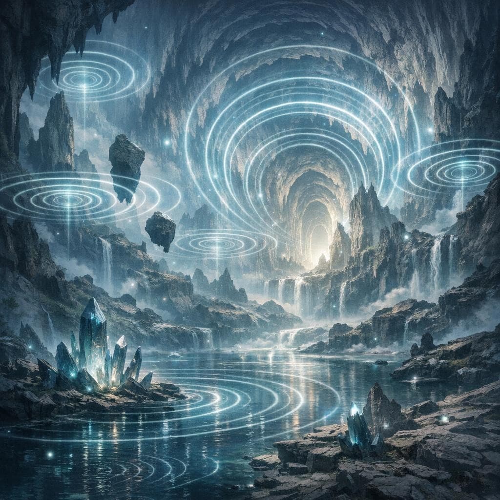 AI generated: Create a unique environment/Biome of a Sound → The Echoing Vale (sound travels and lingers unnatural...