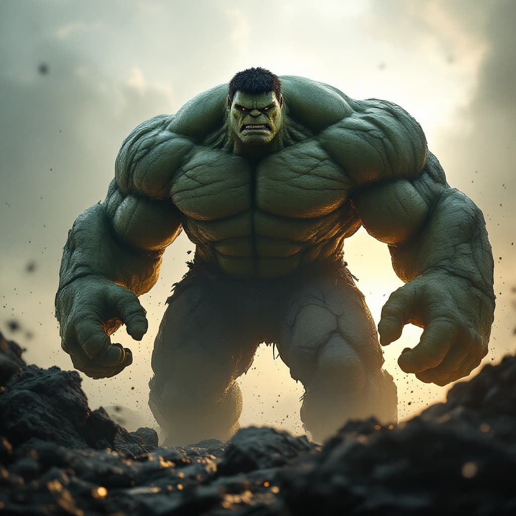 AI generated: Photo of a ultra realistic hulk, dramatic light, pale sunrise, cinematic lighting, battered, low ang...
