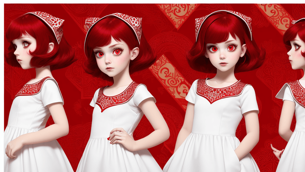AI generated: Red Theme, Cartoon Pattern, Young, White Arabic Dress, Red Eye, Dark Red Hair, Sharp Nose, Right Sid...